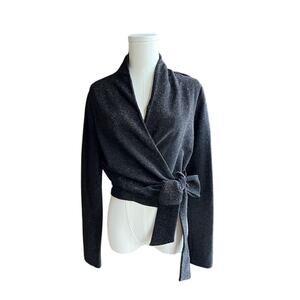 GANNI Black Metallic Stretch Knit Wrap Top, Size 42 (L-XL)